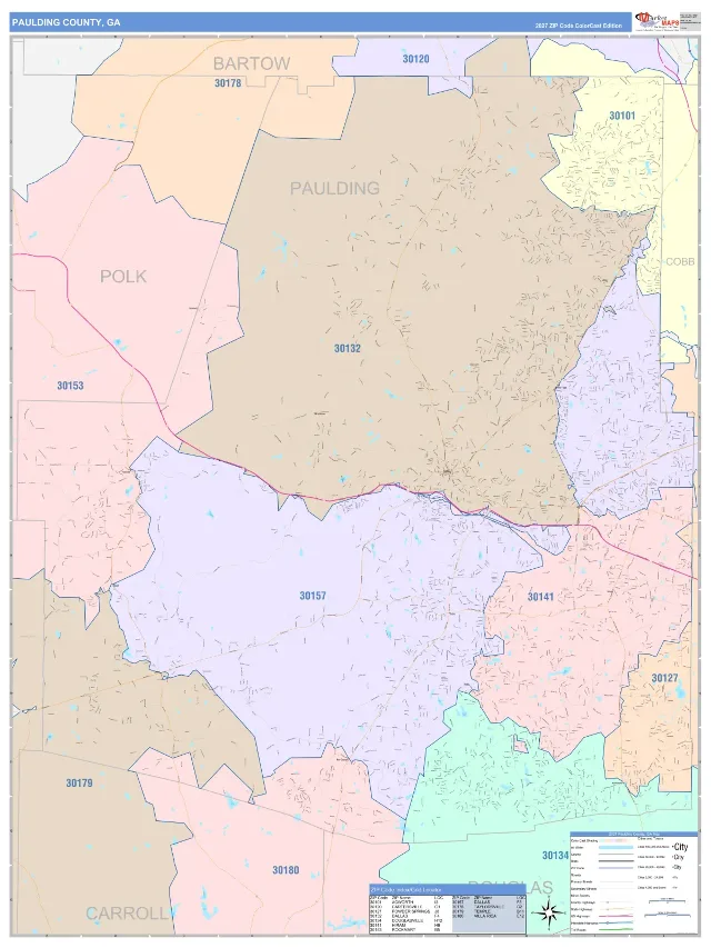 Paulding County, GA ZIP Code Wall Map, ColorCast style