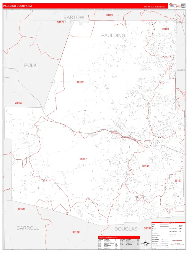 Paulding County, GA ZIP Code Wall Map, RedLine style