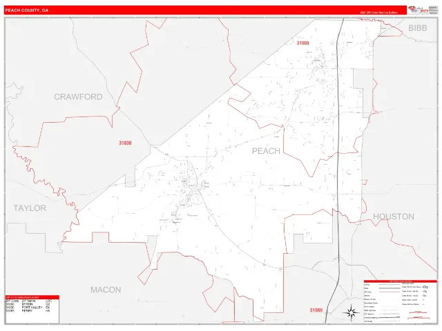 Peach County, GA ZIP Code Wall Map, RedLine style
