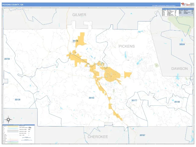 Pickens County, GA ZIP Code Wall Map, Business Reference style