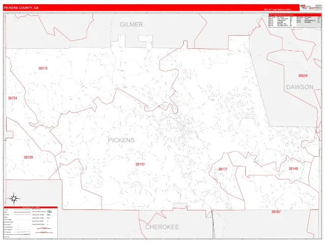 Pickens County, GA ZIP Code Wall Map, RedLine style