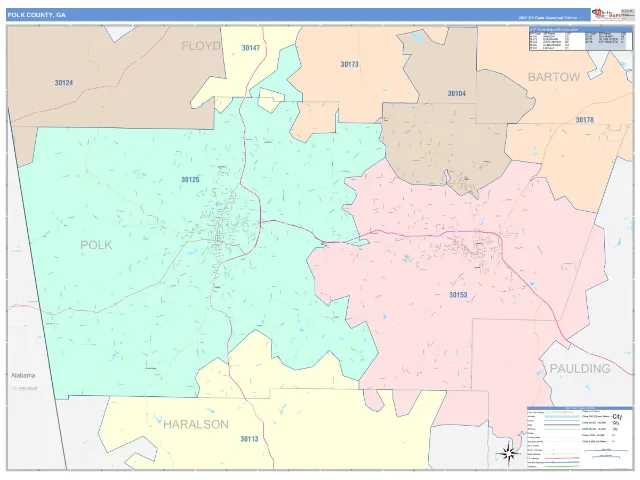 Polk County, GA ZIP Code Wall Map, ColorCast style