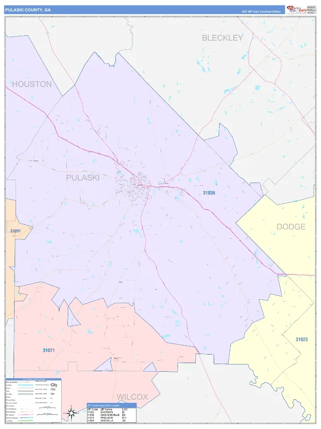 Pulaski County, GA ZIP Code Wall Map, ColorCast style