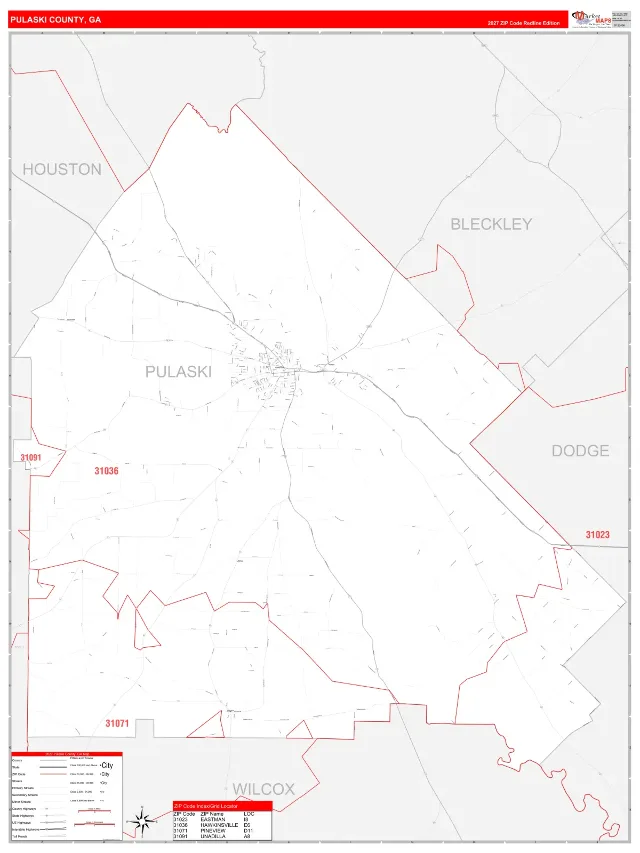 Pulaski County, GA ZIP Code Wall Map, RedLine style