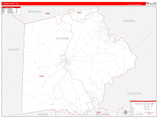Putnam County, GA ZIP Code Wall Map, RedLine style