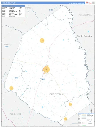 Screven County, GA Business Reference style ZIP Code wall map