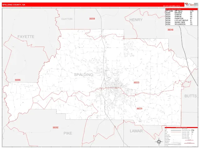 Spalding County, GA ZIP Code Wall Map, RedLine style
