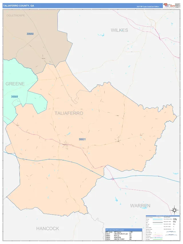 Taliaferro County, GA ZIP Code Wall Map, ColorCast style
