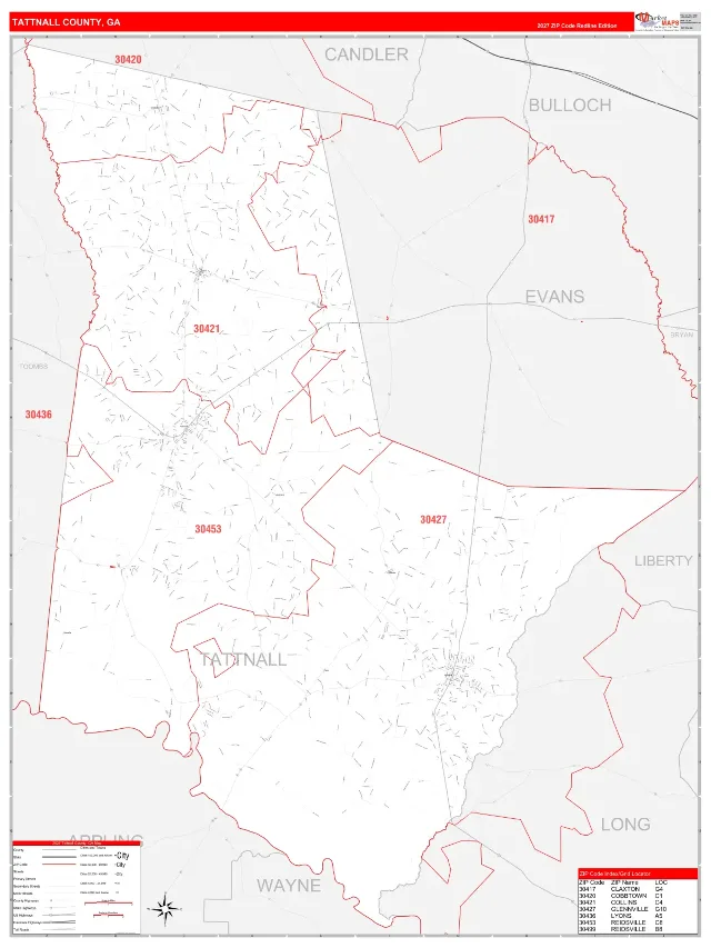 Tattnall County, GA ZIP Code Wall Map, RedLine style