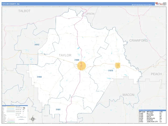 Taylor County, GA ZIP Code Wall Map, Business Reference style