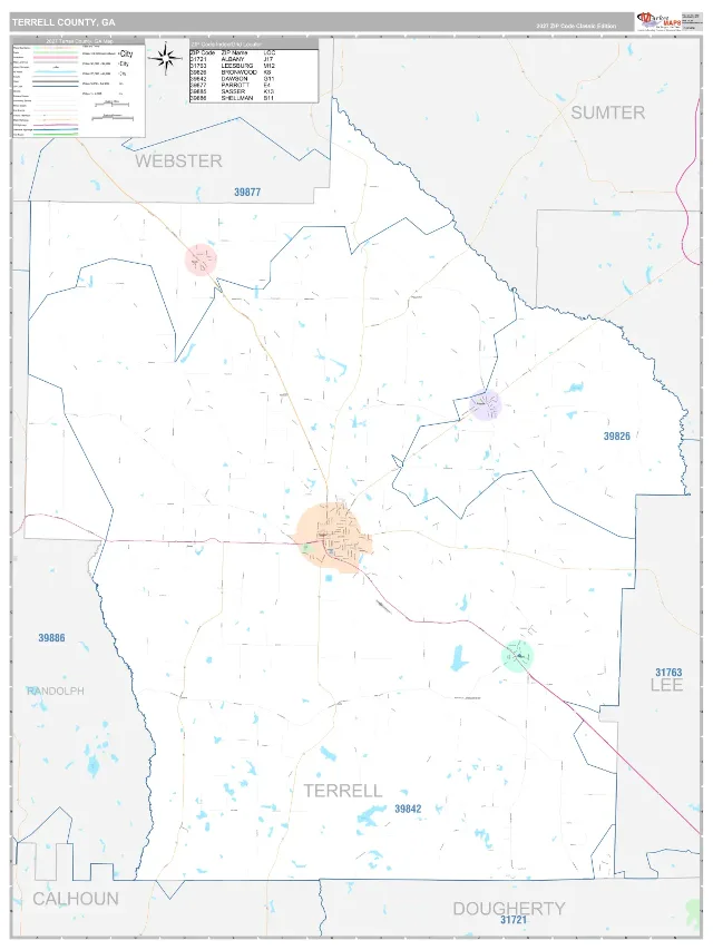 Terrell County, GA ZIP Code Wall Map, Classic style