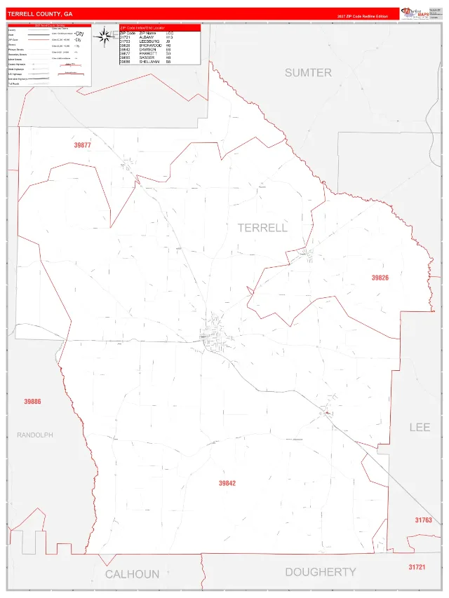 Terrell County, GA ZIP Code Wall Map, RedLine style