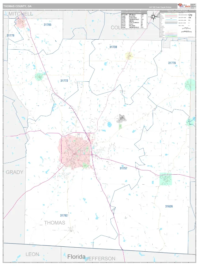 Thomas County, GA ZIP Code Wall Map, Classic style