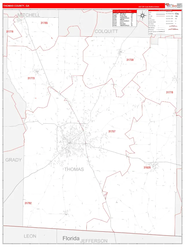 Thomas County, GA ZIP Code Wall Map, RedLine style