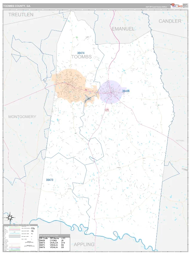 Toombs County, GA ZIP Code Wall Map, Classic style