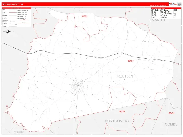 Treutlen County, GA ZIP Code Wall Map, RedLine style