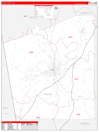 Troup County, GA RedLine style ZIP Code wall map