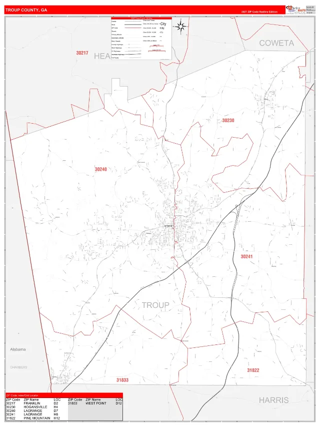 Troup County, GA ZIP Code Wall Map, RedLine style