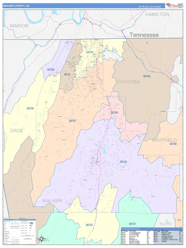 Walker County, GA ZIP Code Wall Map, ColorCast style