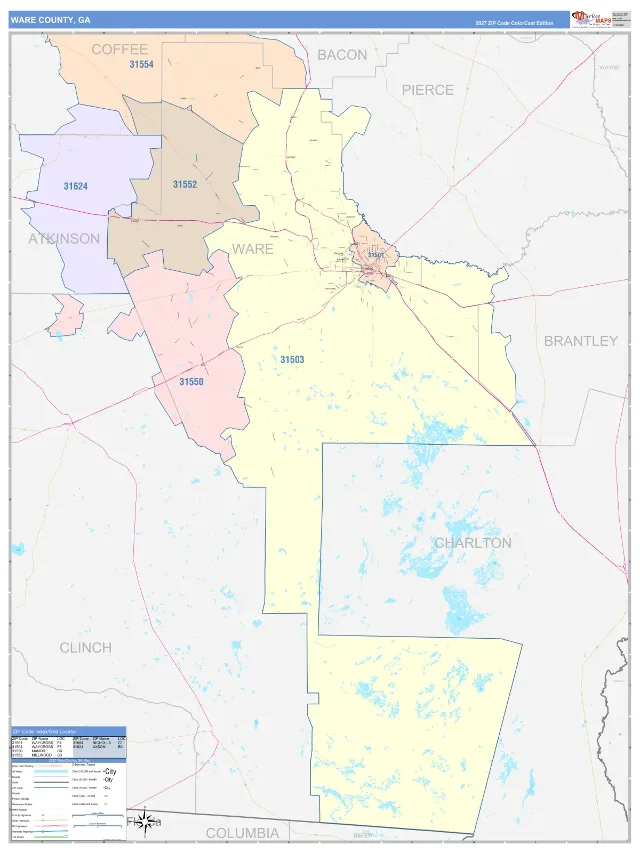 Ware County, GA ZIP Code Wall Map, ColorCast style