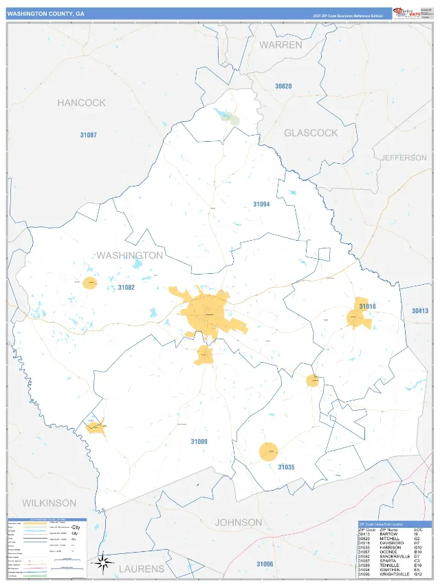 Washington County, GA ZIP Code Wall Map, Business Reference style