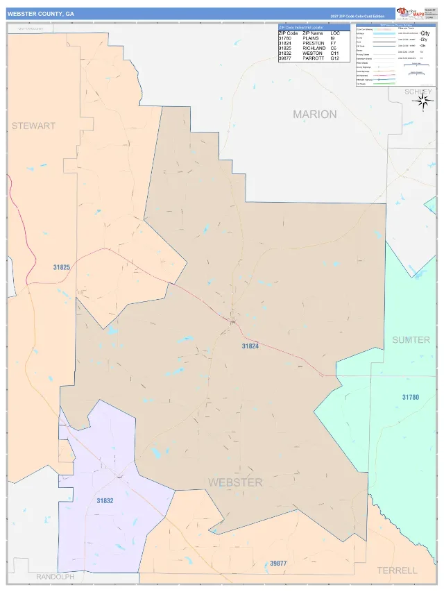 Webster County, GA ZIP Code Wall Map, ColorCast style