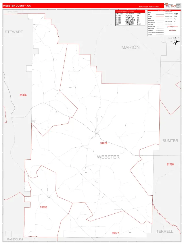Webster County, GA ZIP Code Wall Map, RedLine style