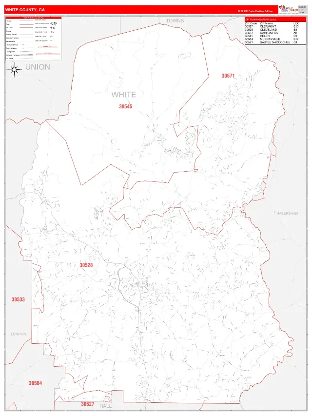 White County, GA ZIP Code Wall Map, RedLine style