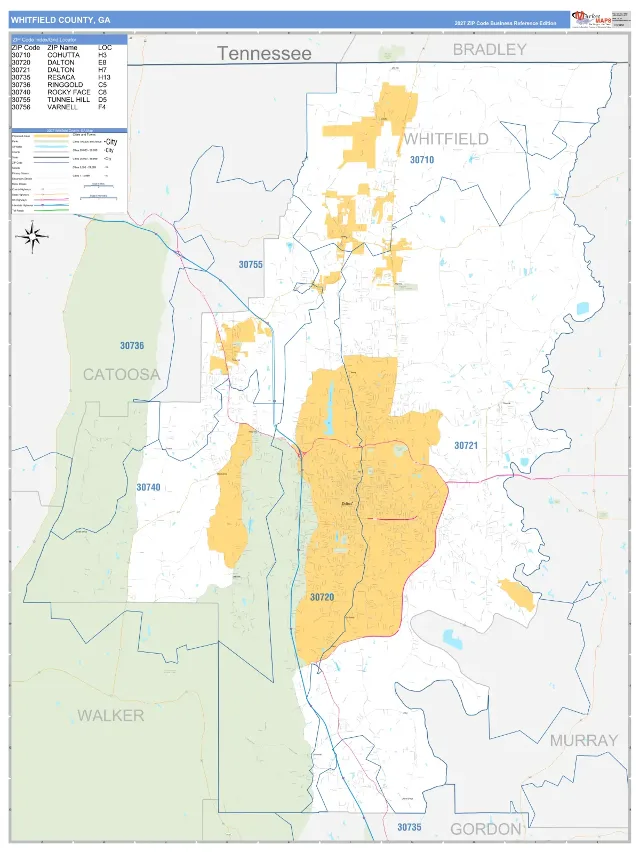 Whitfield County, GA ZIP Code Wall Map, Business Reference style