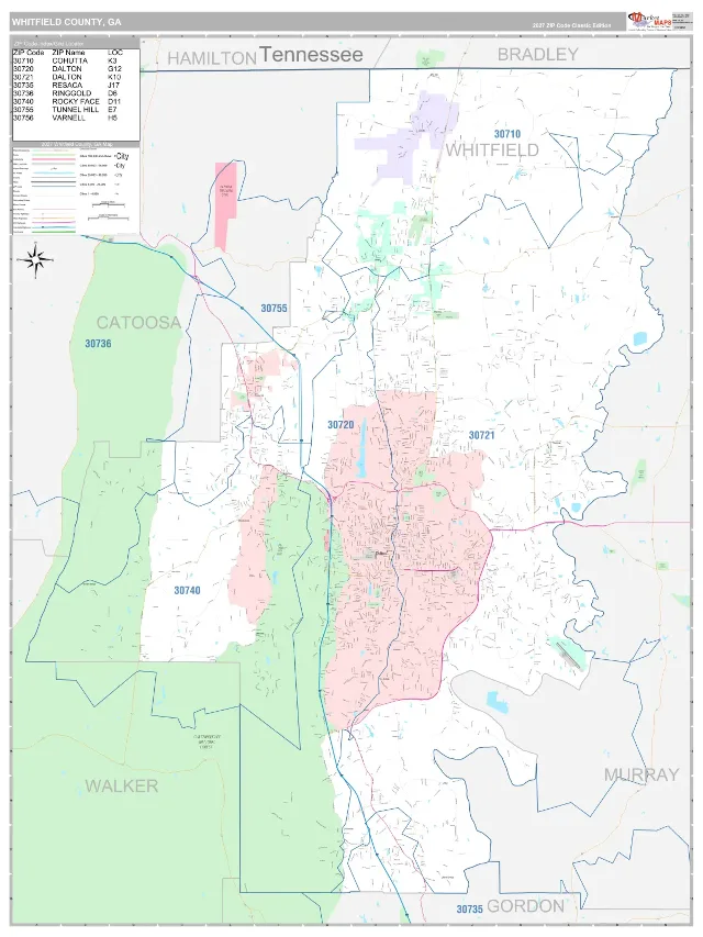 Whitfield County, GA ZIP Code Wall Map, Classic style