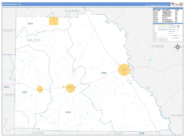 Wilcox County, GA ZIP Code Wall Map, Business Reference style