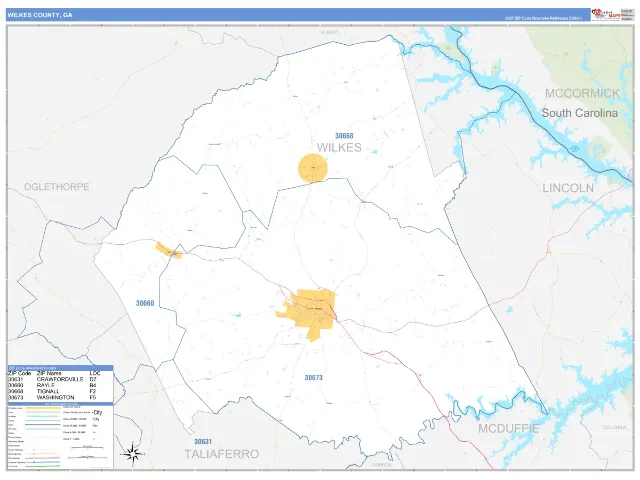 Wilkes County, GA ZIP Code Wall Map, Business Reference style