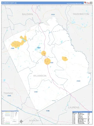 Wilkinson County, GA Business Reference style ZIP Code wall map