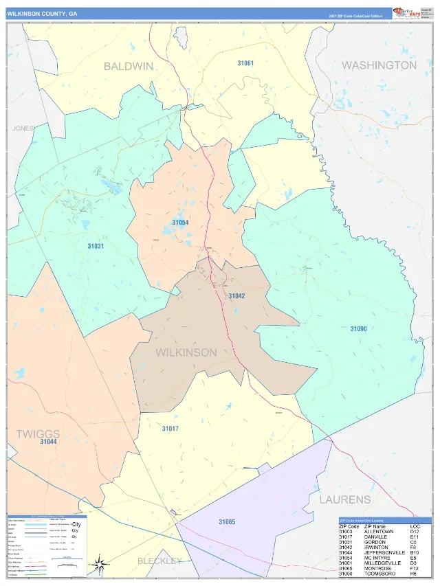 Wilkinson County, GA ZIP Code Wall Map, ColorCast style