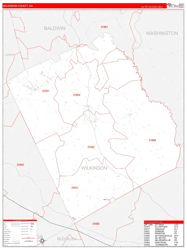 Wilkinson County, GA ZIP Code Wall Map, RedLine style