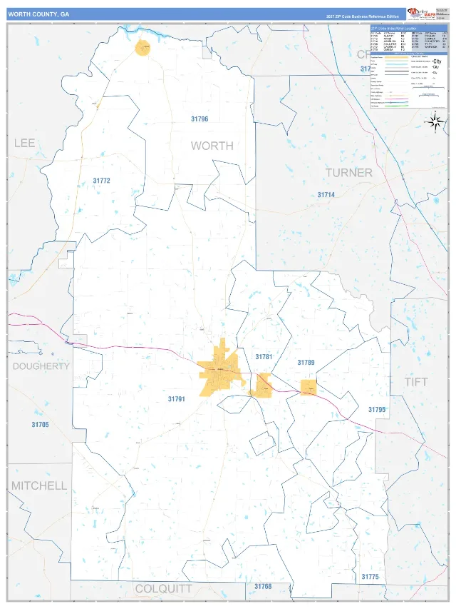 Worth County, GA ZIP Code Wall Map, Business Reference style