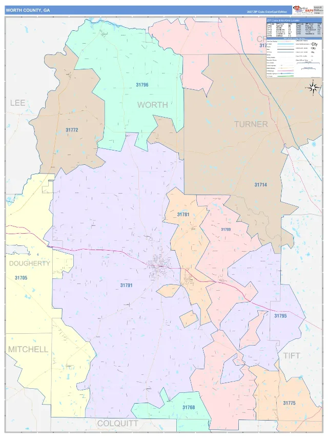 Worth County, GA ZIP Code Wall Map, ColorCast style