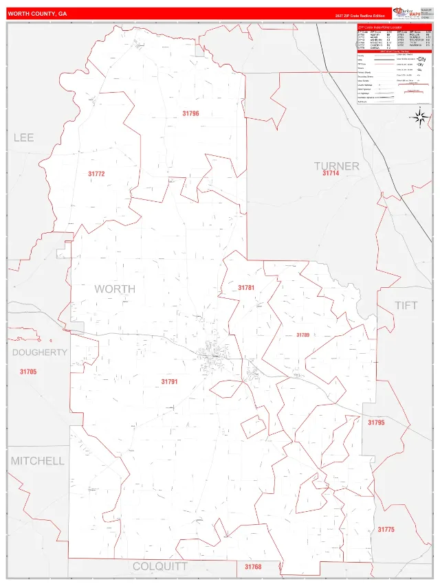 Worth County, GA ZIP Code Wall Map, RedLine style