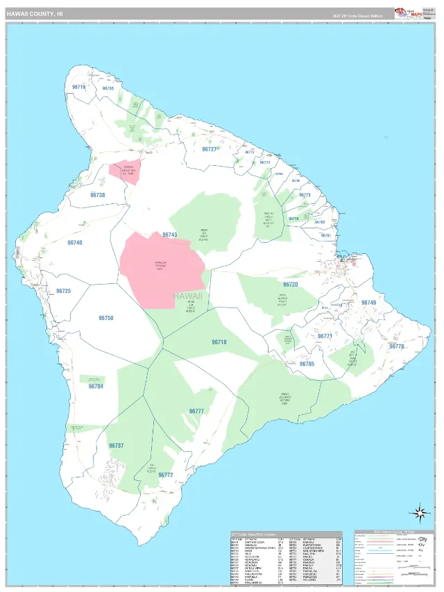 Hawaii County, HI ZIP Code Wall Map, Classic style