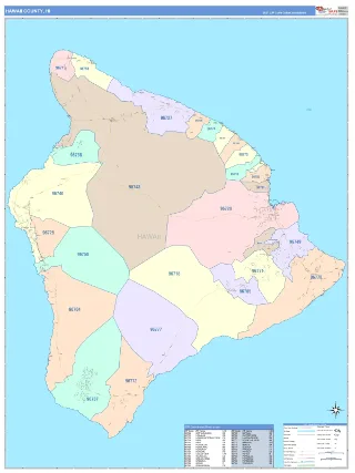 Hawaii County, HI ColorCast style ZIP Code wall map