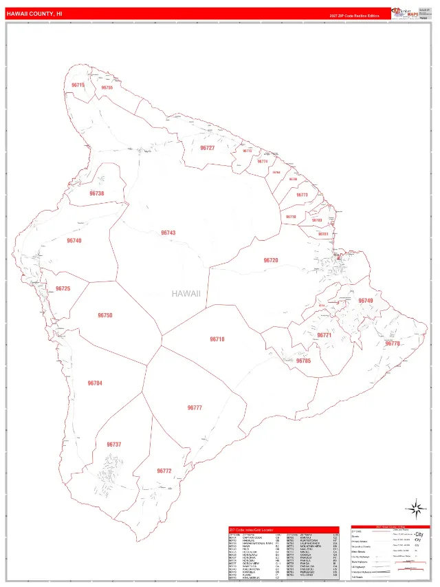 Hawaii County, HI ZIP Code Wall Map, RedLine style