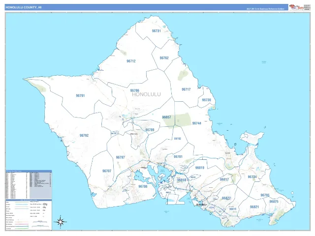 Honolulu County, HI ZIP Code Wall Map, Business Reference style
