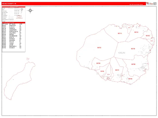 Kauai County, HI ZIP Code Wall Map, RedLine style