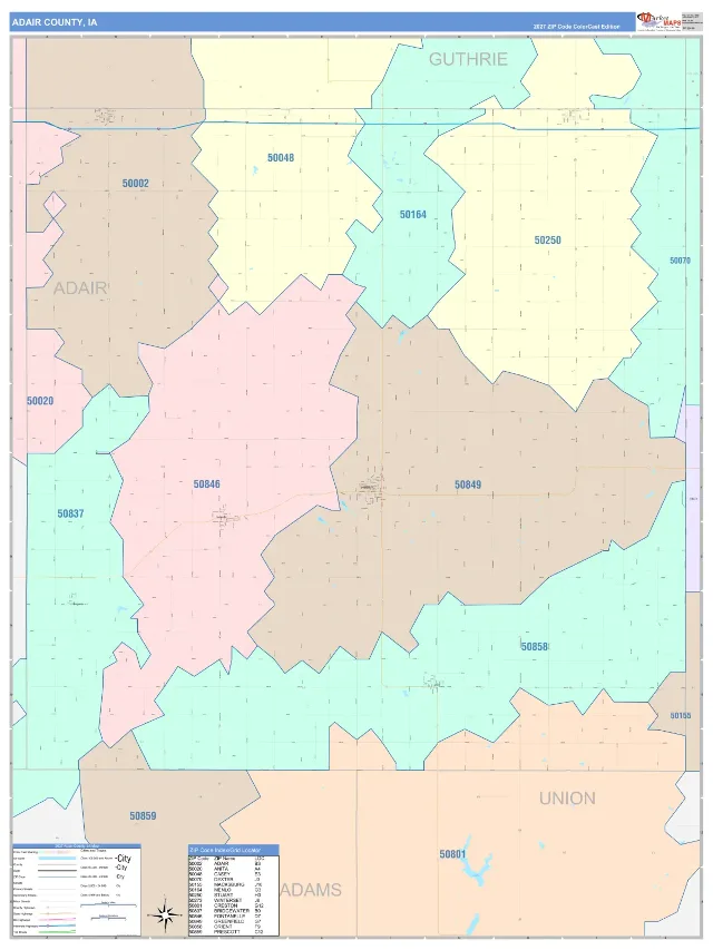Adair County, IA ZIP Code Wall Map, ColorCast style