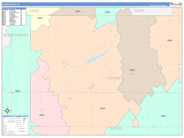 Adams County, IA ZIP Code Wall Map, ColorCast style