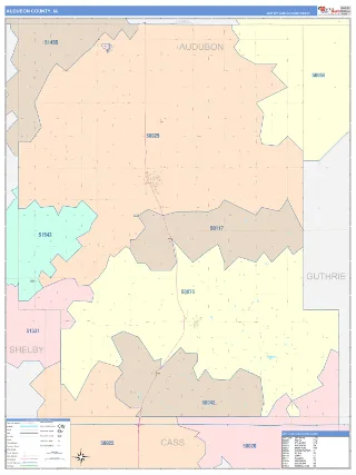 Audubon County, IA ColorCast style ZIP Code wall map