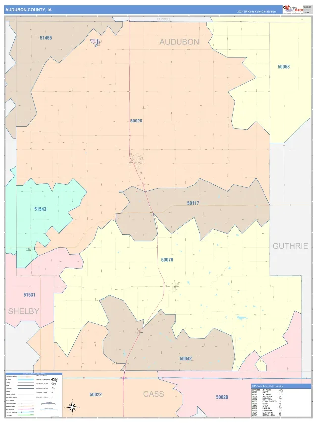 Audubon County, IA ZIP Code Wall Map, ColorCast style
