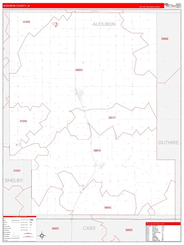 Audubon County, IA ZIP Code Wall Map, RedLine style
