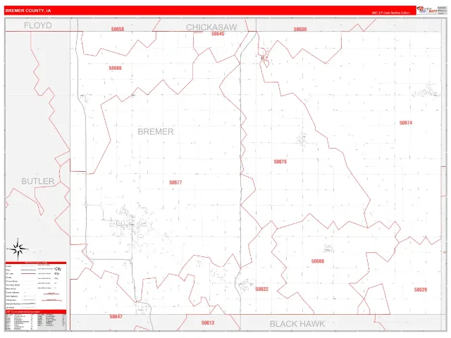 Bremer County, IA ZIP Code Wall Map, RedLine style
