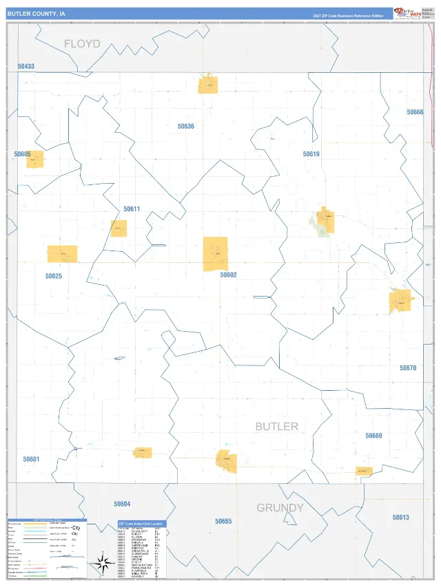 Butler County, IA ZIP Code Wall Map, Business Reference style
